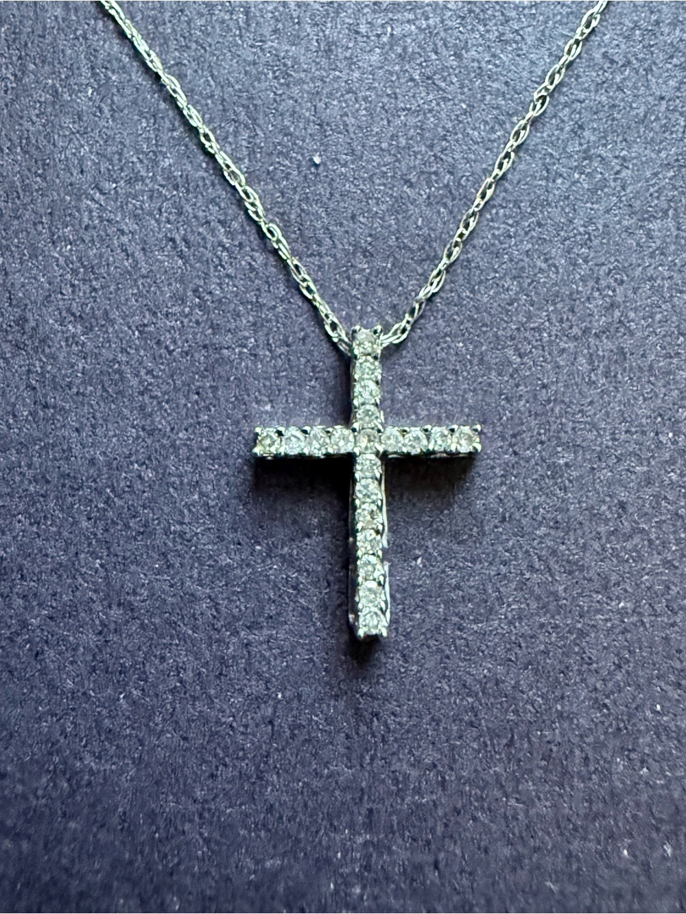 Solid 14kt White Gold and Pavé Diamond Cross Necklace. 18-inch